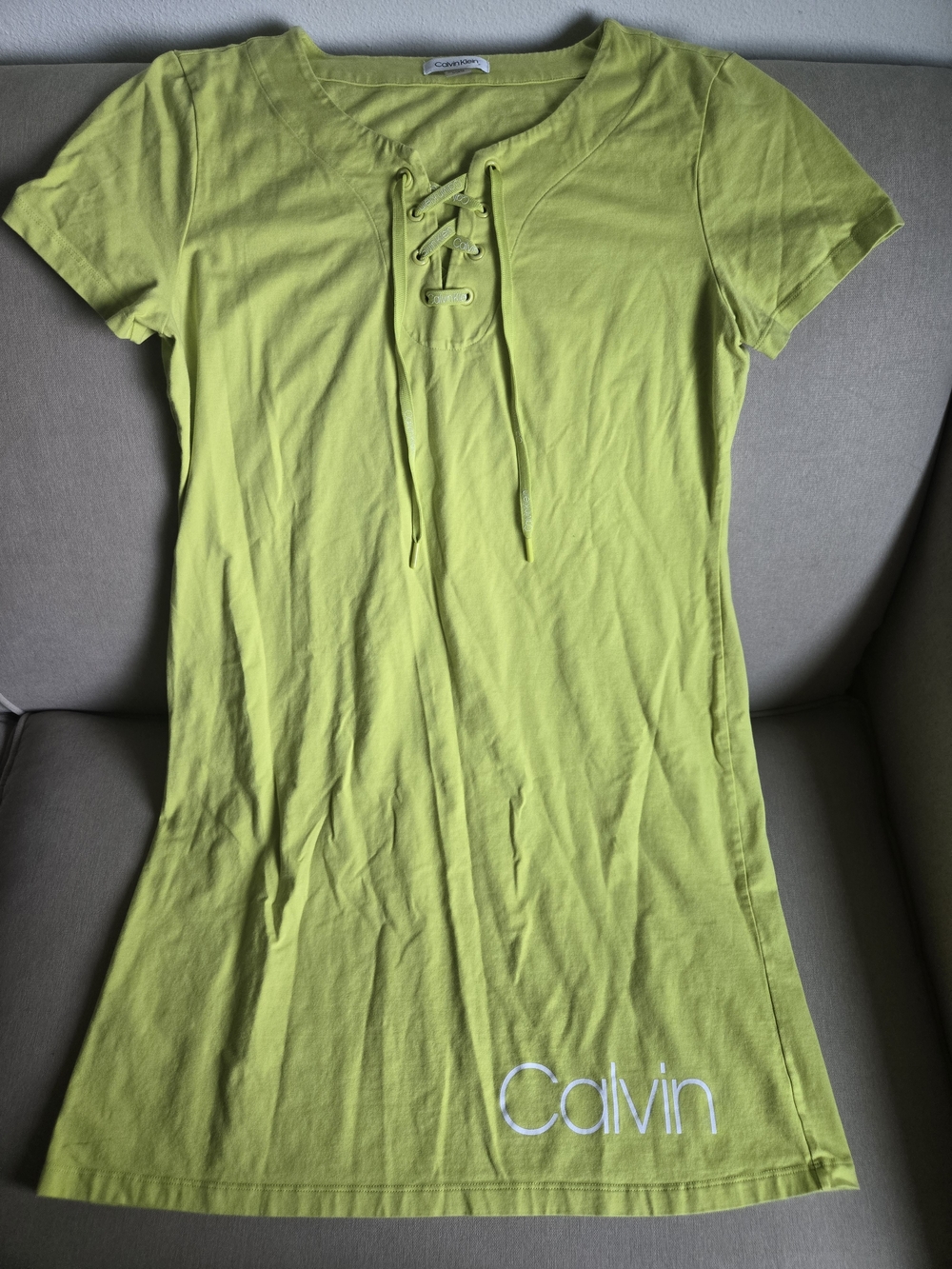 Calvin Klein Lime Green Lace-Up V-Neck Tee Dress Size L